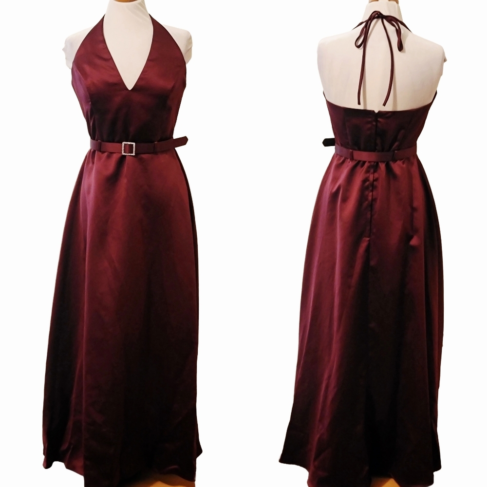 Jessica McClinton Satin Halter Plung Neck Belted Formal Wedding Guest Maxi Dress